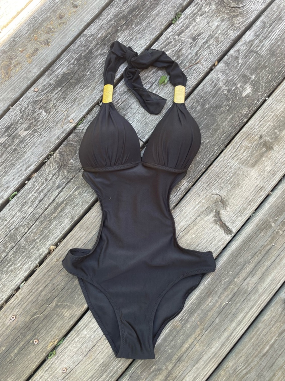 Black Cutout One-Piece Swimsuit with Gold Accents